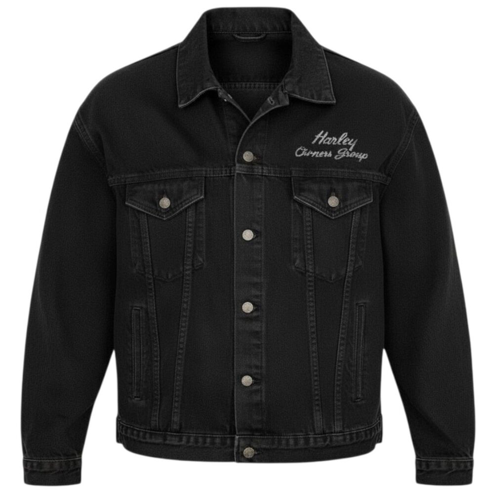 Tyca Men's Harley Owners Group HOG Embossed Denim Trucker Jacket USA Black XL